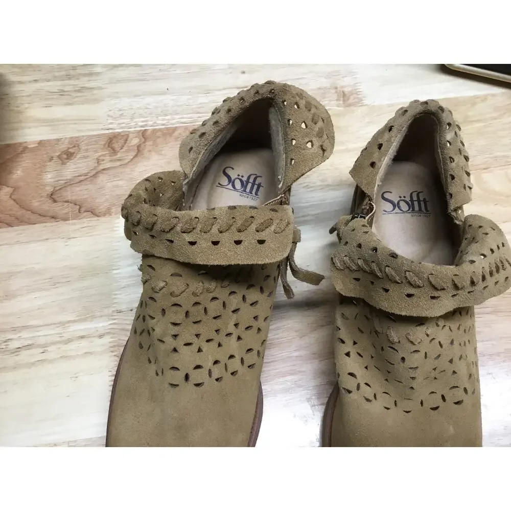 Sofft Bristow Saddle Suede Ankle Booties Women's 8.5 Tan Laser Cut Side Zip